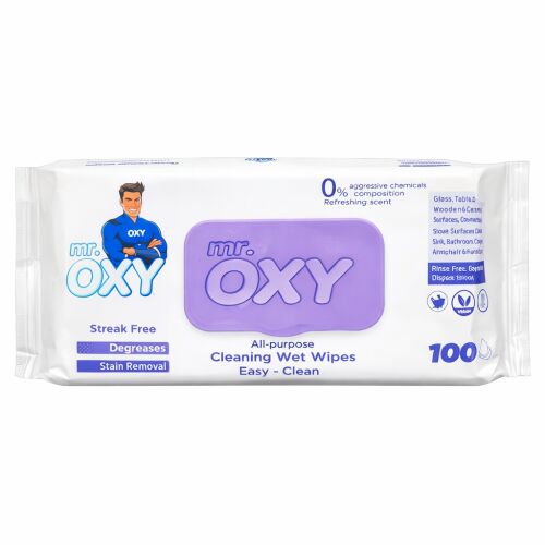 Mr. OXY levendula illatú univerzális nedves tisztítókendők, 100 darabos kiszerelés, csíkmentes, zsíroldó és folteltávolító tulajdonságokkal, fehér háttéren - Nedves törlőkendő