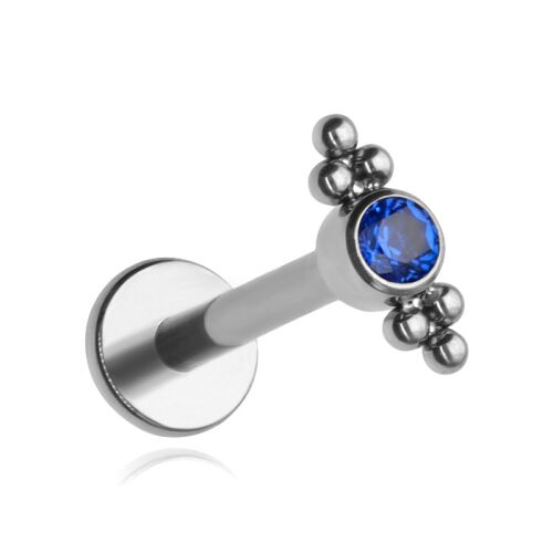 Titán labret fülbevaló sötétkék cirkóniával és ezüst golyókkal, helix, conch, tragus, ajak vagy orr piercinghez - Labret piercing