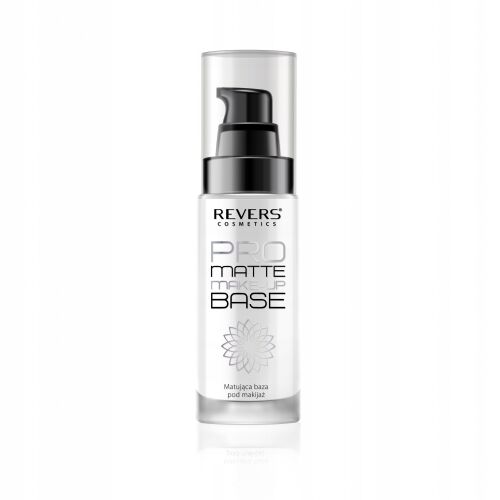 Revers PRO MATTE mattító sminkalap 30 ml-es flakon pumpás adagolóval, fehér háttérrel, kiemelve a termék nevét és márkáját zsíros és kombinált bőrre. - Arc primer
