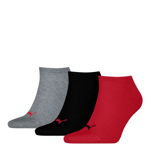 Puma Unisex Sneaker PLAIN 3-Pack zokni szürke, fekete és piros színekben, elölnézetben - Puma