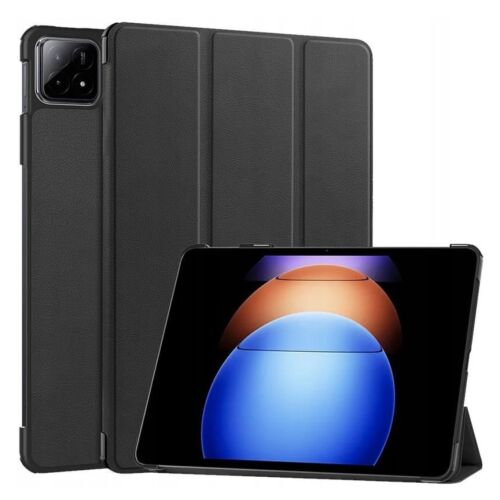 Kollázs fekete öko bőr tokról Xiaomi Pad 6S Pro 12.4" tablethez, bemutatva a hátlap védelmét és a tabletet állvány módban az összecsukható előlappal - Tablet tok