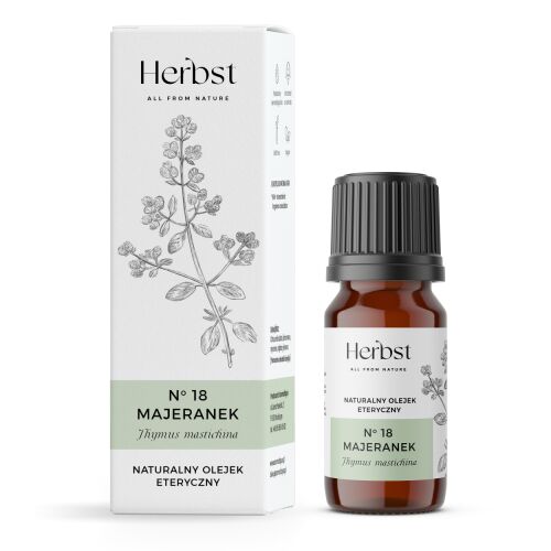 Herbst Majoránna Illóolaj 10ml üveg és csomagolás doboza botanikai illusztrációval - Kiepe