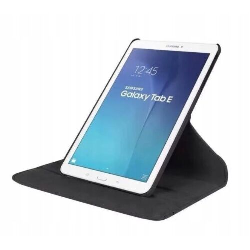 Samsung Galaxy Tab E 9.6 SM-T560 SM-T565 tablet fekete 360 fokban forgatható tokban, fekvő állvány módban fehér háttéren - Tablet tok