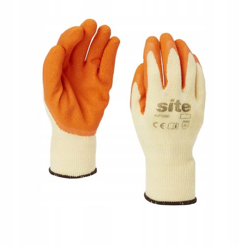 Egy pár Site KF380 latex bevonatú munkakesztyű, 9/L méretben, ferde nézetben, mutatva a texturált narancssárga tenyeret és a krémszínű kötött hátat, ideális különféle kézi feladatokhoz 