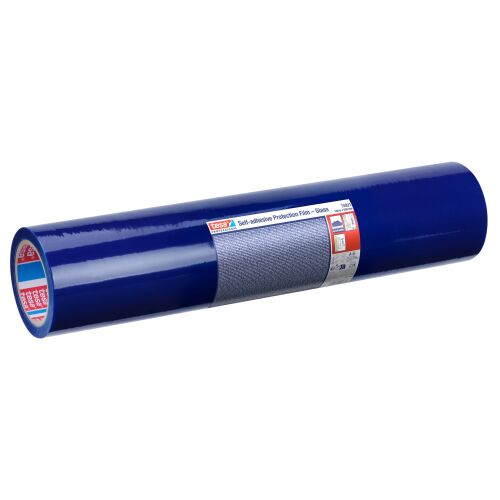 TESA PROFESSIONAL öntapadó kék védőfólia üvegre, 100m x 500mm, ferde nézetben a termék címkéjével fehér háttéren - Takarófólia és padlótakaró