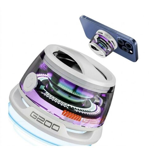G200 Mini RGB mágneses Bluetooth hangszóró telefonállvány funkcióval, áttetsző kialakítás lila és kék RGB világítással, telefonnal együtt bemutatva - Audio