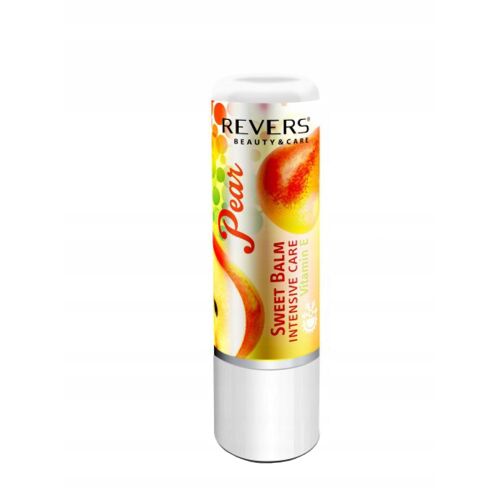 Revers Sweet Balm körte védő ajakbalzsam E-vitaminnal, fehér csomagolásban, körte illusztrációval a címkén. - Ajakápoló