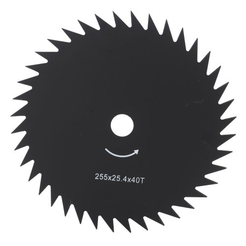 Mar-Pol bozótvágó penge 255mm 40T, elölnézet, fekete fém tárcsa éles fogakkal fehér alapon, középső rögzítőfurattal, méretjelöléssel 255x25.4x40T és forgásiránnyal - Fűkasza és szegélynyíró kiegészítő