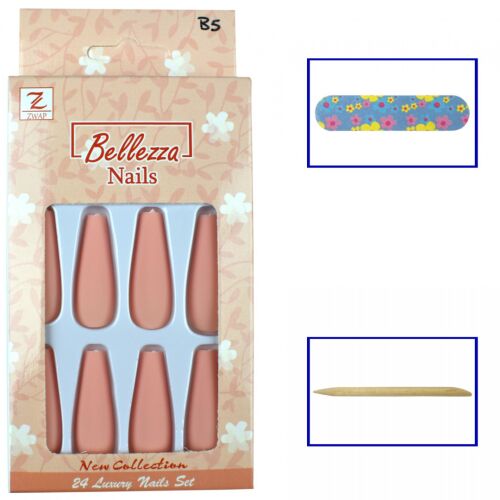 Bellezza Nails MŰKÖRÖM TIPPEK - HOSSZÚ - MATT - 24 db - B5, csomagban körömreszelővel és fa manikűrpálcikával, matt nude balerina formájú műkörmökkel - Műkörmös eszköz
