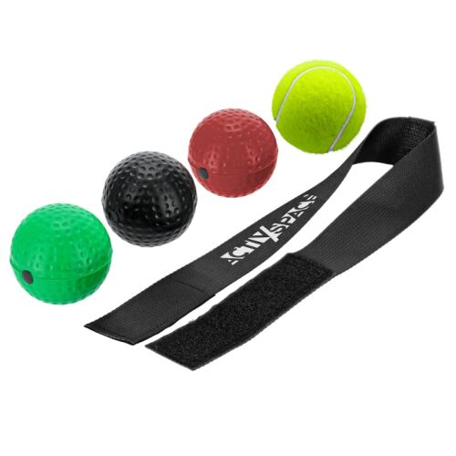 FIGHT REFLEX LABDÁK edzőkészlet fekete fejpánttal és négy reflexlabdával (fekete, zöld, piros, tenisz sárga) ökölvívás és ügyességi gyakorlatokhoz - Box és harcművészet