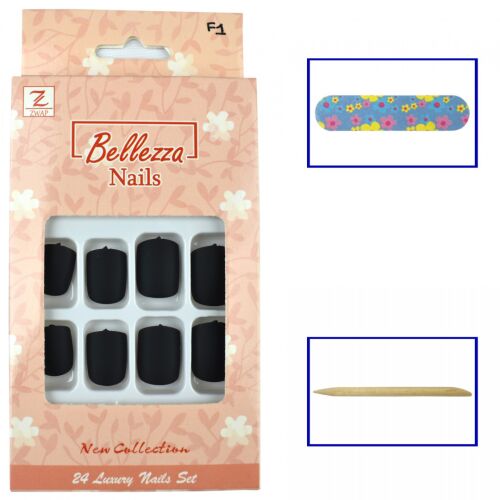 Belezza Nails 24 darabos rövid négyzet alakú matt fekete műköröm tipek készlet körömreszelővel és fa manikűr pálcikával a gyors és egyszerű manikűrhöz F1 - Műkörmös eszköz