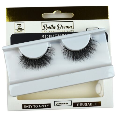 Bella Donna 3 Dimensional Silk Effect Lashes, egy pár fekete műszempilla fehér műanyag tálcán, részben a karton csomagolásban, 'EASY TO APPLY', 'Comfortable' és 'REUSABLE' feliratokkal. - Műszempilla