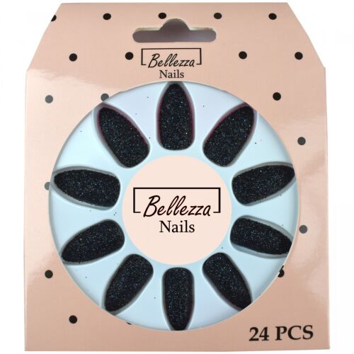 Belezza Nails 24 darab csillogó, mandula formájú, felragasztható körömtipp fekete színben, a csomagolásban bemutatva - Műköröm tip