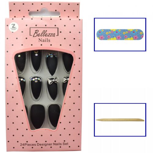 Bellezza Nails 24 darabos díszített műköröm szett fekete matt mandula alakú körömtippekkel, néhány strasszokkal és masnikkal, körömreszelővel és fa manikűr pálcikával - Műkörmös eszköz