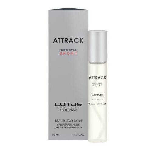 Revers Attrack Sport Eau de Parfum férfiaknak 33ml csomagolással, elegáns ezüst flakonnal és szürke dobozzal fehér háttéren - Férfi parfüm