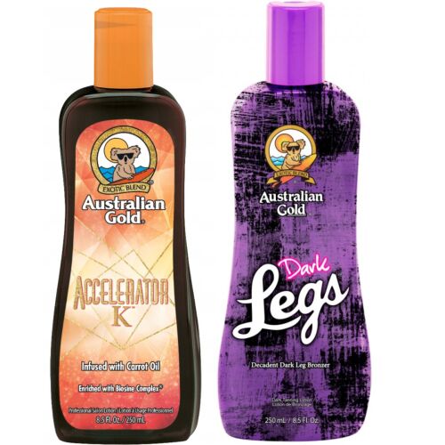 Australian Gold Accelerator K barnító krém és Dark Legs lábbarnító 250ml flakonok egymás mellett fehér háttéren - Szolárium krém