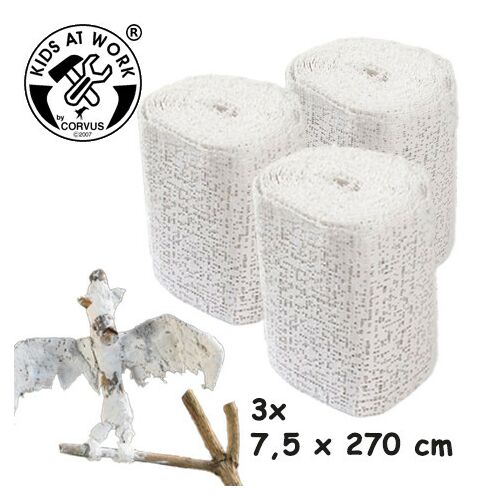 Három tekercs Gipszpólya gipszpólya kreatív projektekhez, egyenként 7,5x270 cm, egy kis gipszmadár szobor példával - Gipszkiöntő kellék