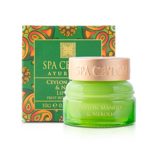 Spa Ceylon MANGO NEROLI ajakbalzsam tégely és csomagolás, zöld tégely arany fedéllel díszes zöld doboz mellett, ferde nézet 