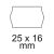 Diagram, amely egy 25x16mm-es, fehér, hullámos szélű árazócímke méreteit mutatja be, árazógépekhez és kiskereskedelmi termékekhez alkalmas.