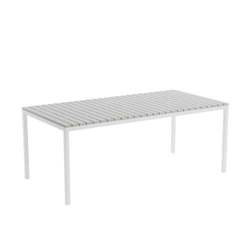 Delusso Sole kültéri étkezőasztal semleges szürke színben, lécezett asztallappal, fehér vázzal, minimalista design 