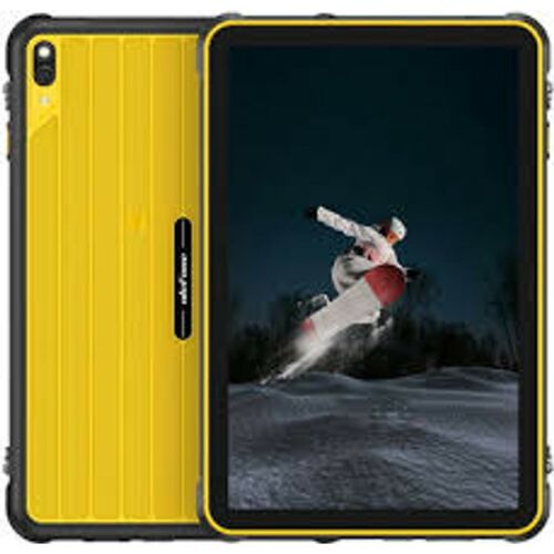 Ulefone RugKing Pad 2 Pro 4G tablet, sárga, hátulja és eleje látható, a kijelzőn snowboardos, strapabíró kivitel - Tablet