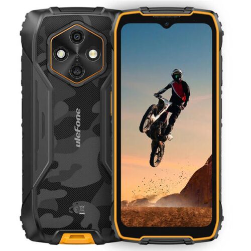 Ulefone RugKing 4 Pro strapatelefon narancssárga és fekete színben, a hátoldalán a kamerákkal, az előlapján pedig egy motoros képpel, kiemelve tartós kialakítását. 