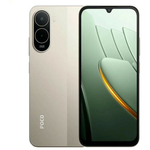 Xiaomi POCO C81 Pro 64GB 4GB RAM Dual SIM arany színben, a hátlapja kettős kamerával és az elülső kijelző modern háttérképpel, döntött nézetben fehér alapon 