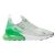 Nike Air Max 270 férfi sneaker világosszürke színben, élénkzöld Air egységgel és részletekkel, oldalnézet fehér háttéren