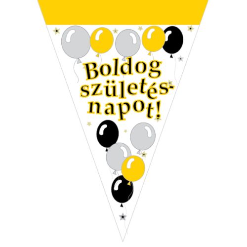 Boldog születésnapot zászló füzér lufikkal, elegáns sárga, fekete és ezüst dizájn születésnapi parti dekorációhoz 