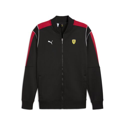 Fekete Puma Ferrari pulóver dzseki piros vállakkal és Ferrari címer logóval a mellkason, teljes cipzárral, férfiaknak 
