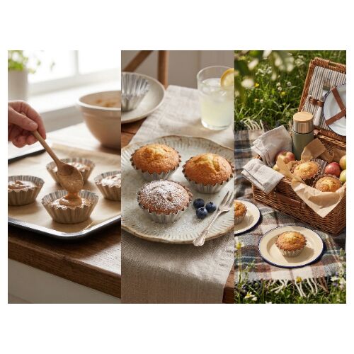INMET MUFFIN KUPAK 10 DB fém muffin sütőforma, kollázs a sütés, tálalás és piknik felhasználási módokról - Sütőforma