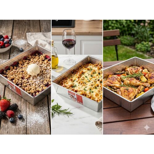 FLORINA sütőtálca kollázs különböző ételekkel: bogyós morzsasüti, lasagna és sült csirke, sokoldalúságot hangsúlyozva - Tepsi