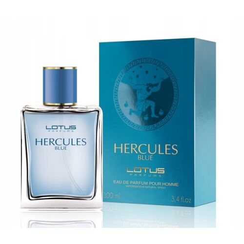 Lotus Hercules Blue 018 férfi eau de parfum 100 ml-es üveg és csomagoló doboz, bemutatva a kék üveget arany kupakkal és a Herkules dizájnú dobozt - Parfüm