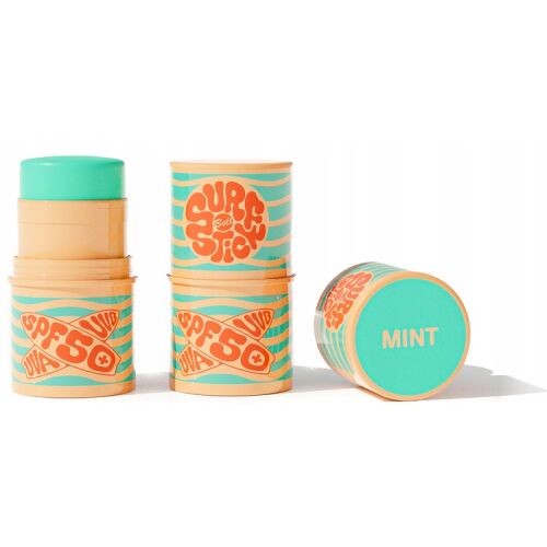 BELL Surf Stick menta SPF50 naptej, ferde nézet nyitott kupakkal, amely a stiftet és a kupakot mutatja, kiemelve az UVA és UVB védelmet - Napozószer