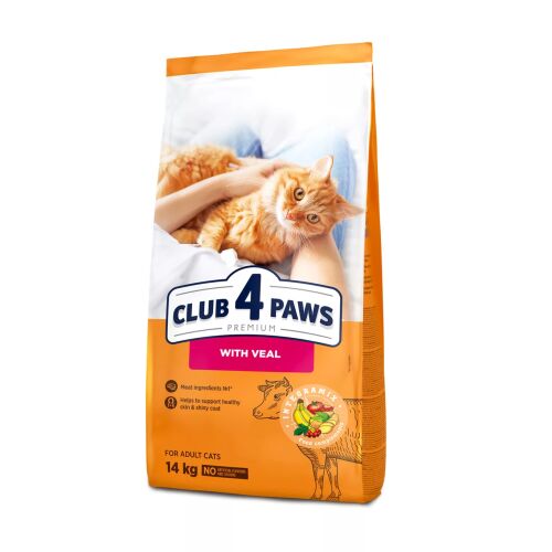 CLUB 4 PAWS Premium száraz macskaeledel borjúhússal, 14kg-os zsák felnőtt macskáknak, narancssárga macskával a csomagoláson, az egészséges bőrért és fényes szőrzetért - Macskaeledel