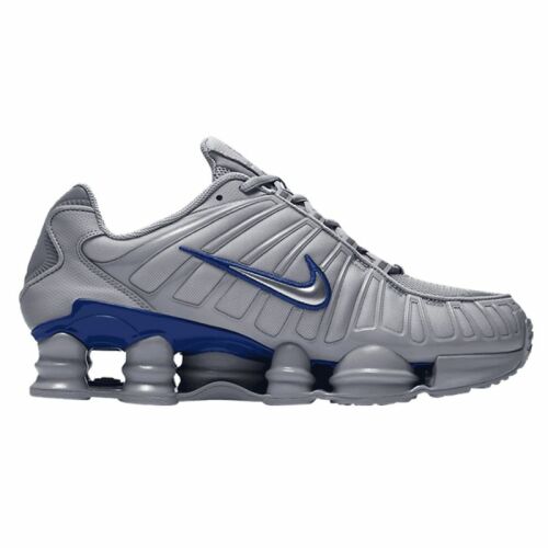 Nike Shox TL szürke és kék férfi sportcipő, oldalnézet, ikonikus párnázó oszlopok, utcai sneaker, kényelmes mindennapi viselet 