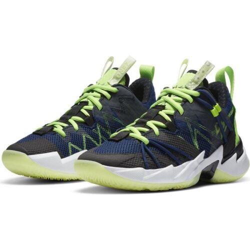Pár Nike Air Jordan Why Not Zer0.3 GS ifjúsági kosárlabda cipő kék és lime zöld színben, szögletes nézet - Baba és tipegő