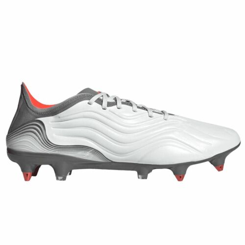 Adidas Copa Sense.1 SG focicipő fehér színben szürke és narancssárga részletekkel, oldalnézet, puha talajra és vizes fűre ideális 