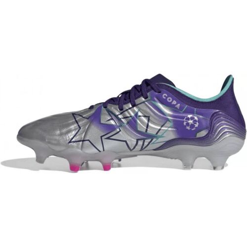 Adidas Copa Sense.1 FG focicipő, ezüst, lila és türkiz, szögből nézve oldalról, 'COPA' márkajelzéssel és Bajnokok Ligája logóval, fehér háttéren - Divat és öltözködés