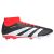 Adidas Predator 24 League FG focicipő, bal oldali nézet, fekete fehér csíkokkal, piros gallér és fűző, stoplis talp