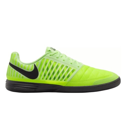 Nike LunarGato II IC terem futball cipő, neonzöld, fekete Nike pipával, oldalnézet fehér háttéren 