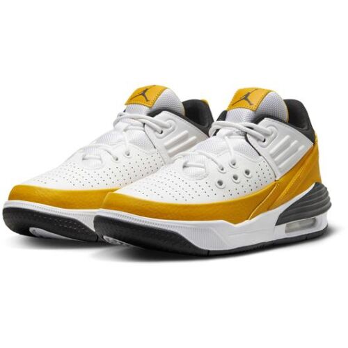 Nike Air Jordan Max Aura 5 (GS) gyerek kosárlabda cipő, fehér, sárga és fekete, szögből elölről 