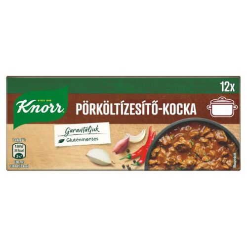 Knorr Pörköltízesítő-kocka 120g doboz, gluténmentes jelöléssel és illusztrációval egy gazdag pörkölt ételről hagymával és chilivel - Élelmiszer és ital
