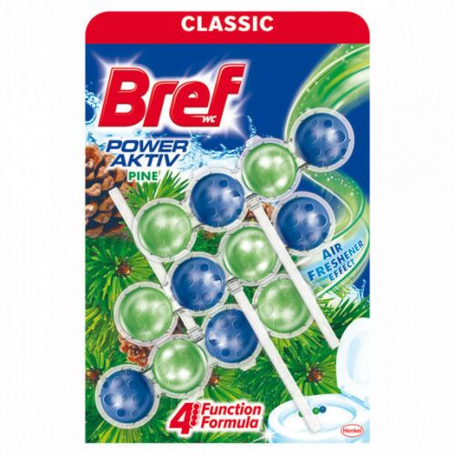 Bref Power Aktiv WC tisztító golyó, klasszikus fenyő illat, 3x50g csomagolás, légfrissítő hatással és 4 funkciós formulával, termékcsomagolás elölnézete - WC illatosító