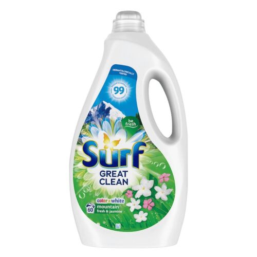 Surf Mountain Fresh & Jasmine folyékony mosószer 3L flakon, elölnézet, 60 mosás, színes és fehér ruhákhoz, hegyi és jázmin virág mintával a címkén - Surf