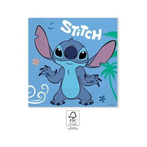 20 darab 2 rétegű FSC tanúsítvánnyal rendelkező papírszalvéta Disney Stitch & Angel mintával, 33x33cm, kék háttéren Stitch karakterrel és trópusi elemekkel, partikra és mindennapi használatra - Háztartási papírtermék
