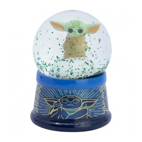 Baby Yoda Hógömb Star Wars Grogu hógömb zöld csillámmal kék talpon, Baby Yoda illusztrációval - Hógömb