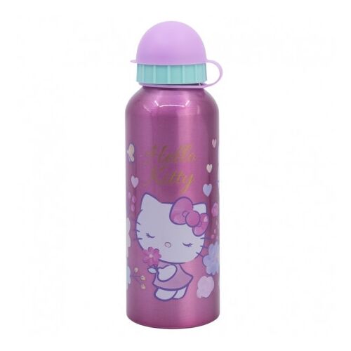 Hello Kitty Prémium alumínium palack 530ML, lila színű, Hello Kitty karakterrel virággal, világoskék kupakkal, fehér háttérrel - Hello Kitty