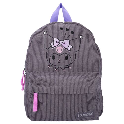 Hello Kitty Kuromi prémium bársony hátizsák, szürke, hímzett Kuromi karakterrel, lila pánttal, első zsebbel, gyerekeknek és tiniknek - Öltözködés kiegészítő