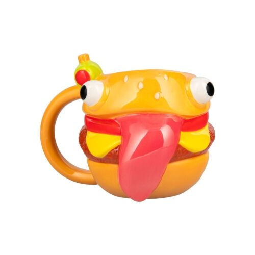 Fortnite Durrr Burger 3D bögre, gyűjthető kerámia gamer bögre, sárga és piros hamburger alakú kávéscsésze nagy szemekkel és nyelvvel, ideális ajándék Fortnite rajongóknak - Tálalás